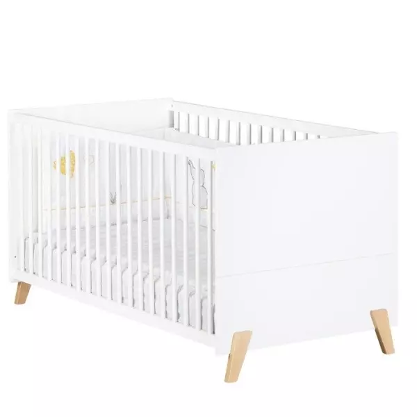 Lit évolutif - 140x70cm - Babyprice Joy Naturel - Blanc sur pieds en bois naturel