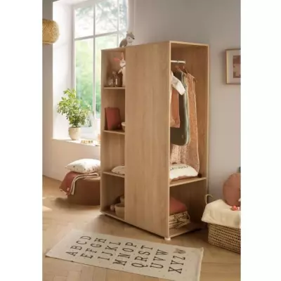 Armoire Enfant Chêne Doré Avec Étagères et Penderie - Babyprice Up
