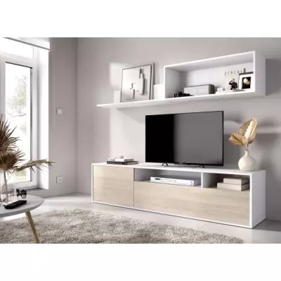 Meuble TV Compact BAY - Chene clair / Blanc - 180 x 35 x 44 cm