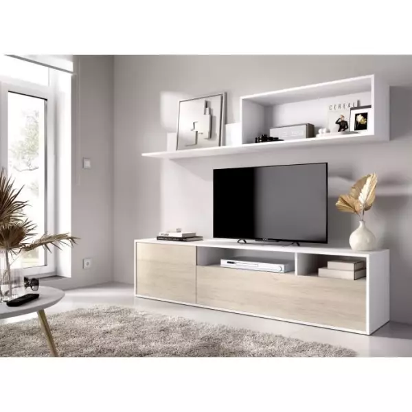 Meuble de salon TV compact - BAY - 2 portes - Chene clair / Blanc - 180 x 35 x 44 cm