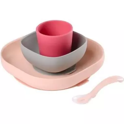 Coffret repas Silicone Bébé BEABA Rose - Anti-dérapant - Ensemble 4 Pièces