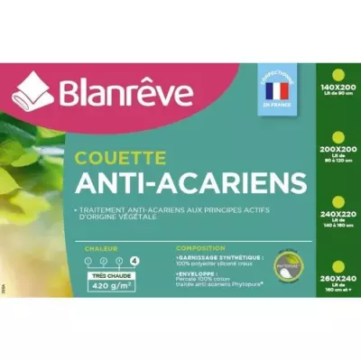 Couette très chaude Percale 420g/m² - Anti-acariens - 200x200cm