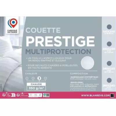 Couette chaude 240x260 cm BLANREVE PRESTIGE Multiprotection - Oeko-Tex - Satin rayé