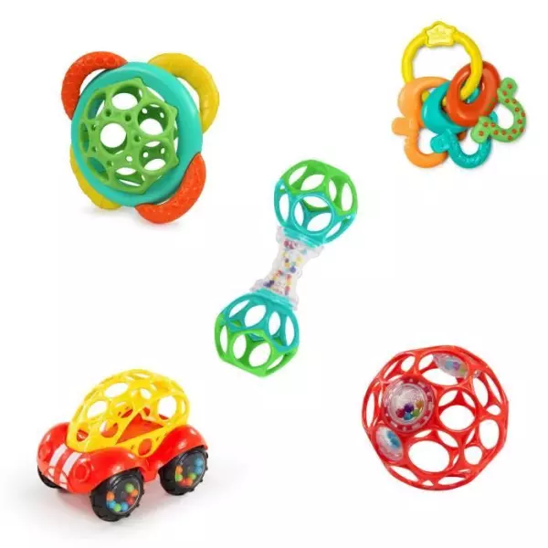 BRIGHT STARTS Coffret cadeau naissance, bapteme, Noel, 0 a 24 mois, 5 jouets O BAll, hochet, voiture, anneau de dentition