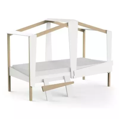 Lit cabane enfant avec grand tiroir - 90 x 200 cm - Blanc mat/chêne