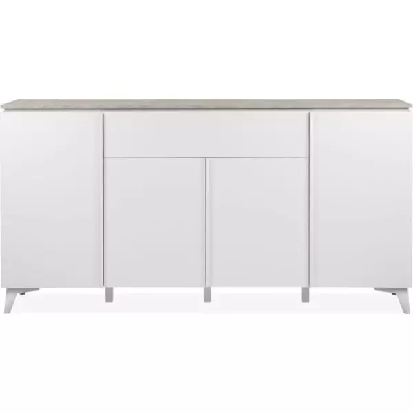 Buffet Bertrix 51A - Décor travertin / blanc - Panneaux de particules - 4 portes et étageres - 1 tiroir central - 177 x 92 x 4