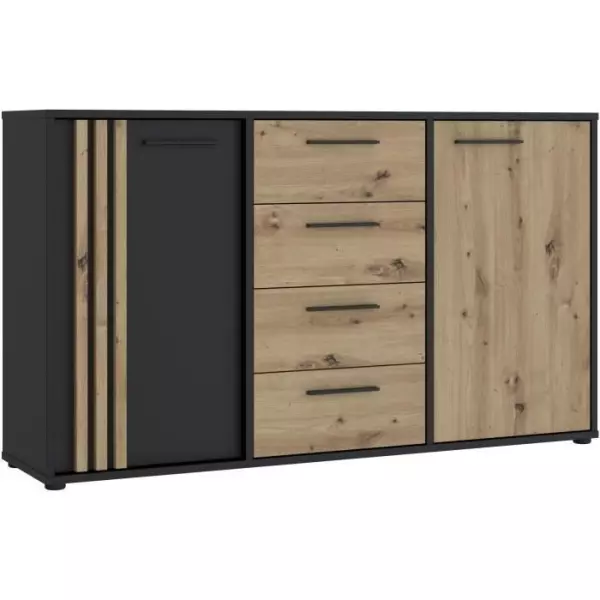 Buffet CARDIGAN 2 portes, 4 tiroirs - Décor chene artisan et noir - L142,6 x P34,2 x H82,3 cm - Poignées en métal noir
