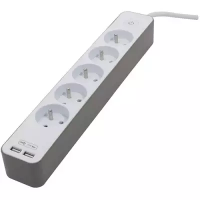 Bloc multiprise CHACON 5 prises 16A avec 2 ports USB - Blanc et brun
