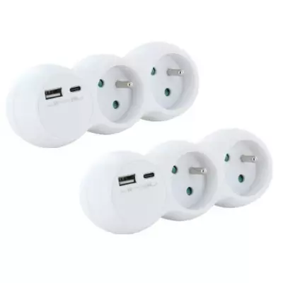 Lot 2 domino CHACON - 2 prises 16A avec USB-A + USB-C - Blanc