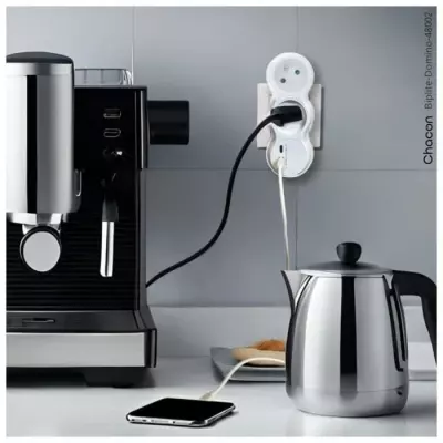 Lot 2 domino CHACON - 2 prises 16A avec USB-A + USB-C - Blanc