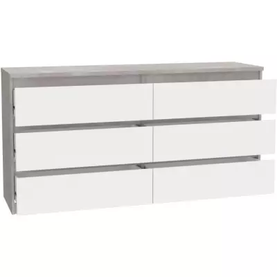 Commode CHELSEA 6 Tiroirs Blanc/Béton clair - Éco-responsable FSC® - L 154 x P 42,2 x H 79,9 cm