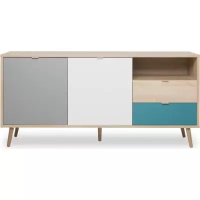 Buffet scandinave CUBA chêne, gris et bleu - L 150 x P 40 x H 71 cm