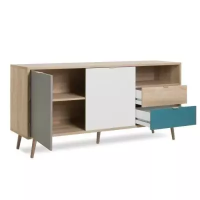Buffet scandinave CUBA chêne, gris et bleu - L 150 x P 40 x H 71 cm