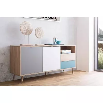 Buffet scandinave CUBA chêne, gris et bleu - L 150 x P 40 x H 71 cm
