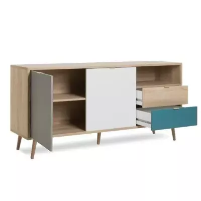 Buffet scandinave CUBA chêne, gris et bleu - L 150 x P 40 x H 71 cm