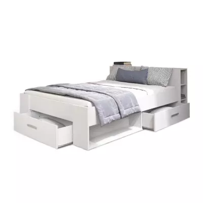 Lit adulte contemporain blanc perle + tête de lit - 160 x 200 cm - OXYGENE