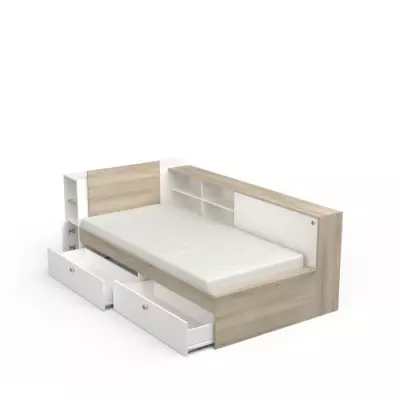 Lit enfant LIFE 1 personne - 90x190/200 - Rangements - Chene et blanc