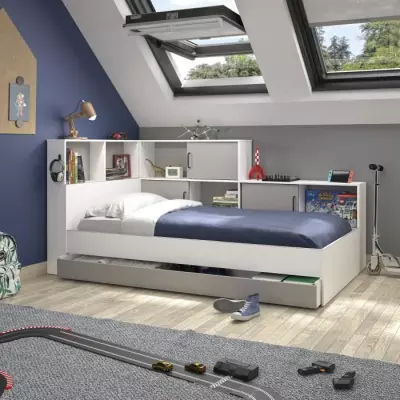 Lit enfant GAMI Erwan avec rangements - Blanc/Gris - 90 x 200 cm
