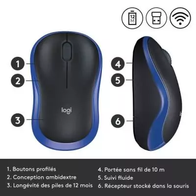 Souris - Sans fil - Logitech - M185 - Bleu - Ambidextre Souris - Sans fil - Logitech - M185 - Bleu - Ambidextre