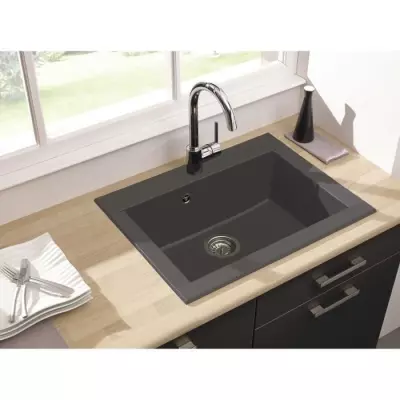 Évier cuisine en résine 1 bac Hexo - 66 x 50 cm - Gris béton
