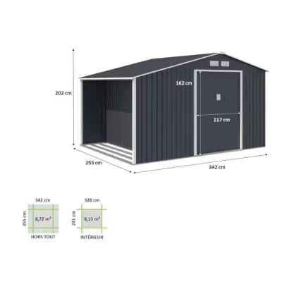 Abri de jardin en métal et abri bûches 8,72 m² - Gris