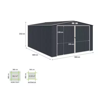 Abri de jardin métal 18,2m² - Kit d'ancrage inclus
