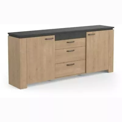Ensemble Séjour AUSTIN - Table 170x90 cm, Vitrine & Enfilade Chêne Hamilton/Gris