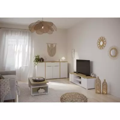 Ensemble Meubles Salon: Table basse + Banc TV + Enfilade - Chêne Hamilton et Blanc