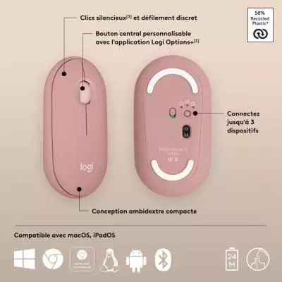 Souris Logitech Pebble Mouse 2 M350s Rose - Design sans fil