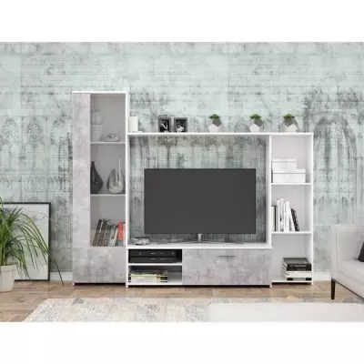 Meuble TV mural blanc mat et béton clair - Contemporain - L 220,4 x P41,3 x H177,5 cm