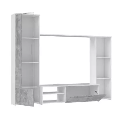 Meuble TV mural blanc mat et béton clair - Contemporain - L 220,4 x P41,3 x H177,5 cm