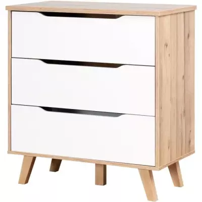 Commode 3 tiroirs chêne et blanc mat - Style scandinave - VANKKA