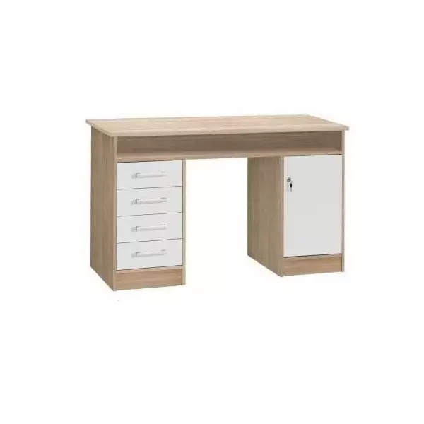 Bureau droit a clés avec 1 porte et 4 tiroirs - Décor chene et blanc - 126 x P 55 x H 76 cm - ALICANTE