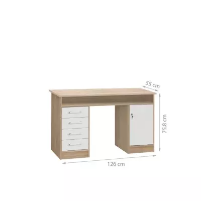 Bureau droit avec clés et 4 tiroirs - Chene et blanc - 126 x 55 x 76 cm