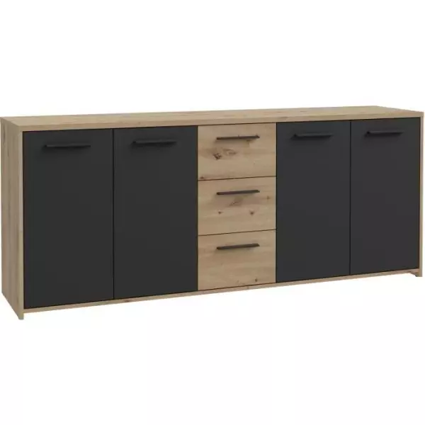 Buffet PILVI - Style contemporain - Particules mélaminé -Décor Chene artisan et Noir- 4 portes + 3 tiroirs - L179,2 x P42 x H