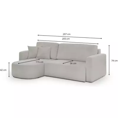 Canapé d'angle convertible GALET - Velours gris - Coffre de rangement