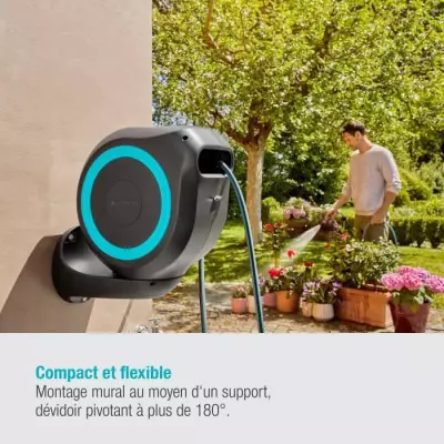 Dévidoir automatique mural RollUp M 20 m - GARDENA - Liseret bleu - Enroulement automatique