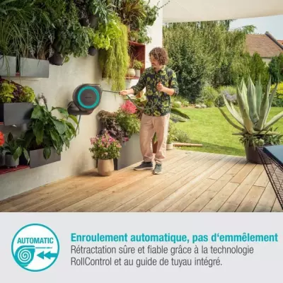 Dévidoir automatique mural RollUp M 20 m - GARDENA - Liseret bleu - Enroulement automatique