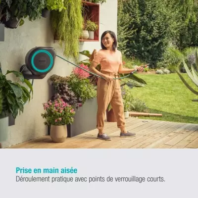 Dévidoir automatique mural RollUp M 20 m - GARDENA - Liseret bleu - Enroulement automatique