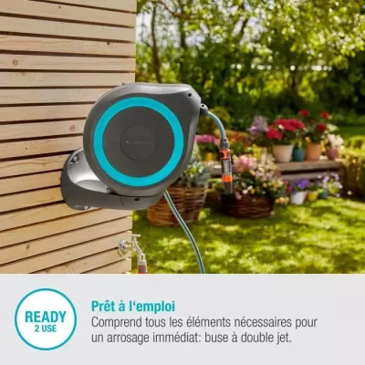 Dévidoir automatique mural RollUp M 20 m - GARDENA - Liseret bleu - Enroulement automatique