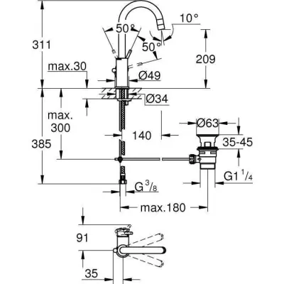 Mitigeur monocommande Lavabo GROHE - Taille L Chromé Pivotant - Economie d'eau