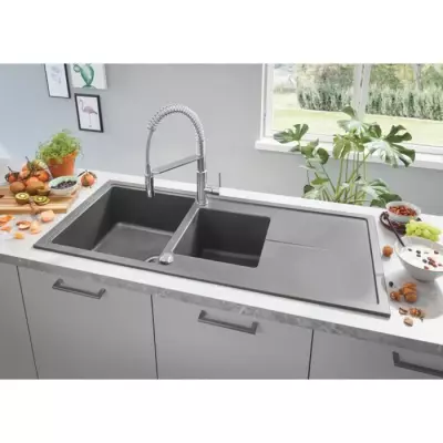 Evier composite GROHE K400 avec égouttoir 1160 x 500 mm Gris granite