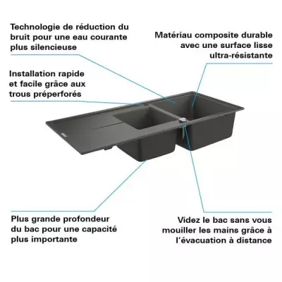 Evier composite GROHE K400 avec égouttoir 1160 x 500 mm Gris granite