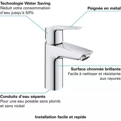 Mitigeur lavabo GROHE QUICKFIX Start - économie d'eau et bonde clic clac - taille S
