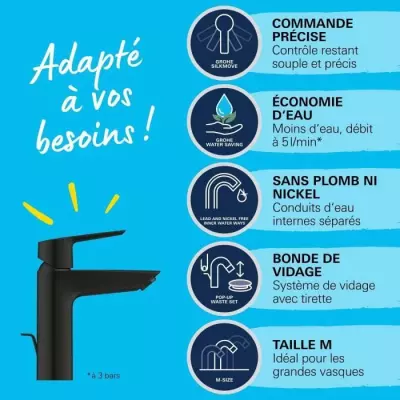 Mitigeur lavabo GROHE Start - Noir mat - Taille M - Économie d'eau