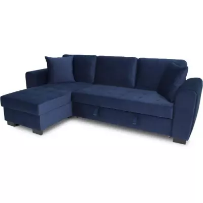 Canapé d'angle convertible HAMILTON 4 places - Velours bleu - Coffre de rangement