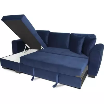 Canapé d'angle convertible HAMILTON 4 places - Velours bleu - Coffre de rangement