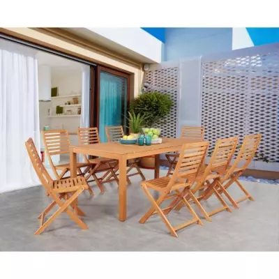 Salon de jardin 8 pers. bois eucalyptus FSC - Table 180x90 cm + 8 chaises pliantes