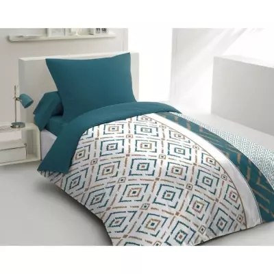 Parure de couette microfibre Ethno - Bleu canard - 1 housse de couette + 1 taie - HOME LINGE PASS