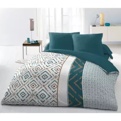 Parure de couette Microfibre ETHNO Bleu Canard 220x240cm - Ensemble de literie